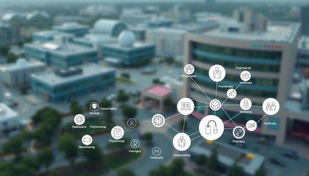 Detailed schematic illustration of healthcare qualification routes, viewed from an overhead perspective. A complex network of educational paths and career progressions unfolds in the foreground, with various healthcare professions such as nursing, medicine, physiotherapy, and pharmacy depicted as interlocking nodes. The middle ground features symbols and icons representing academic degrees, certifications, and specialized training programs. In the background, a subtly blurred landscape of modern hospital buildings and medical facilities provides context. The composition is characterized by a clean, technical aesthetic with muted colors and precise, diagrammatic elements, conveying a sense of structure, organization, and the multifaceted nature of healthcare career development.