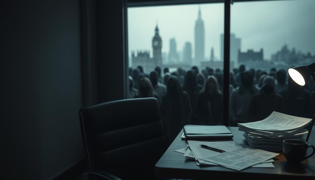 Prompt A dimly lit office setting, with a desk and chair in the foreground. On the desk, a stack of resumes and job applications, alongside a laptop and a cup of coffee, conveying the challenge of the job search process. In the middle ground, a crowd of faceless job seekers, their expressions conveying frustration and uncertainty. In the background, a hazy, out-of-focus cityscape, representing the competitive nature of the UK job market. The overall scene is characterized by a somber, muted color palette, creating a sense of tension and unease.